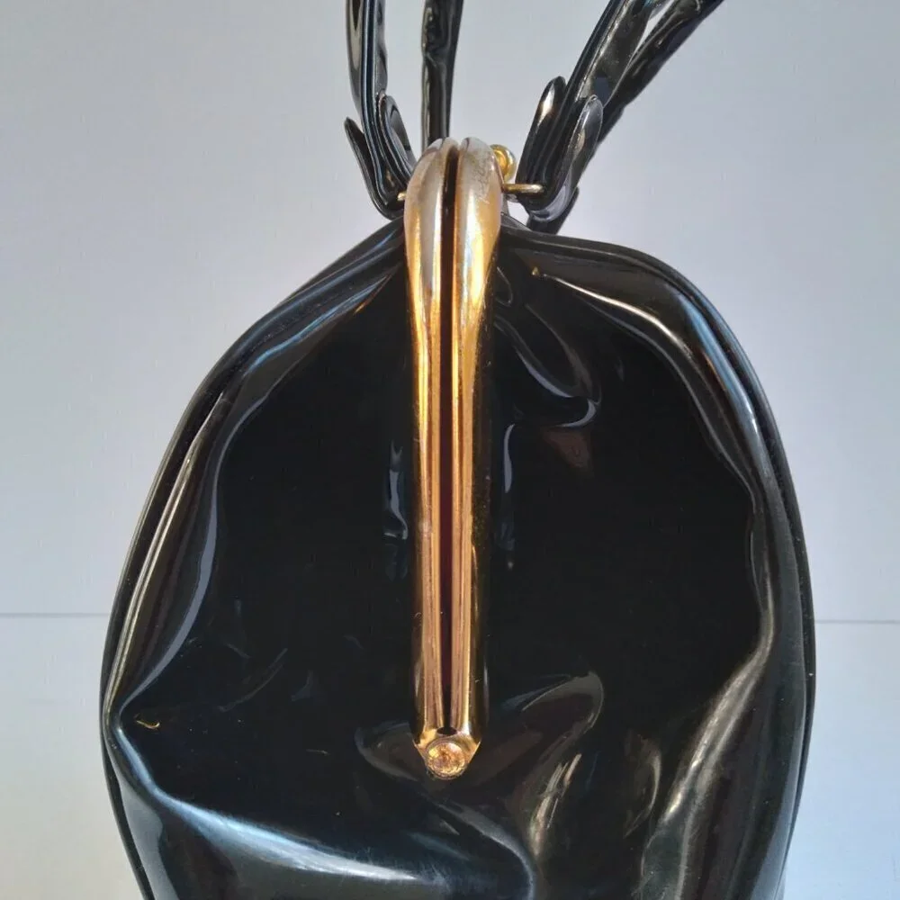 Vintage Black Sturdy Shiny Roomy Patent Gold Kiss Clasp Envelope Satchel Bag